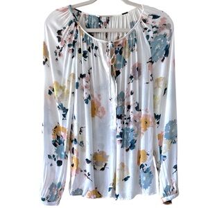 Lucky Brand Floral Boho Peasant Blouse – Ivory Multicolor Long Sleeve, Size XS
